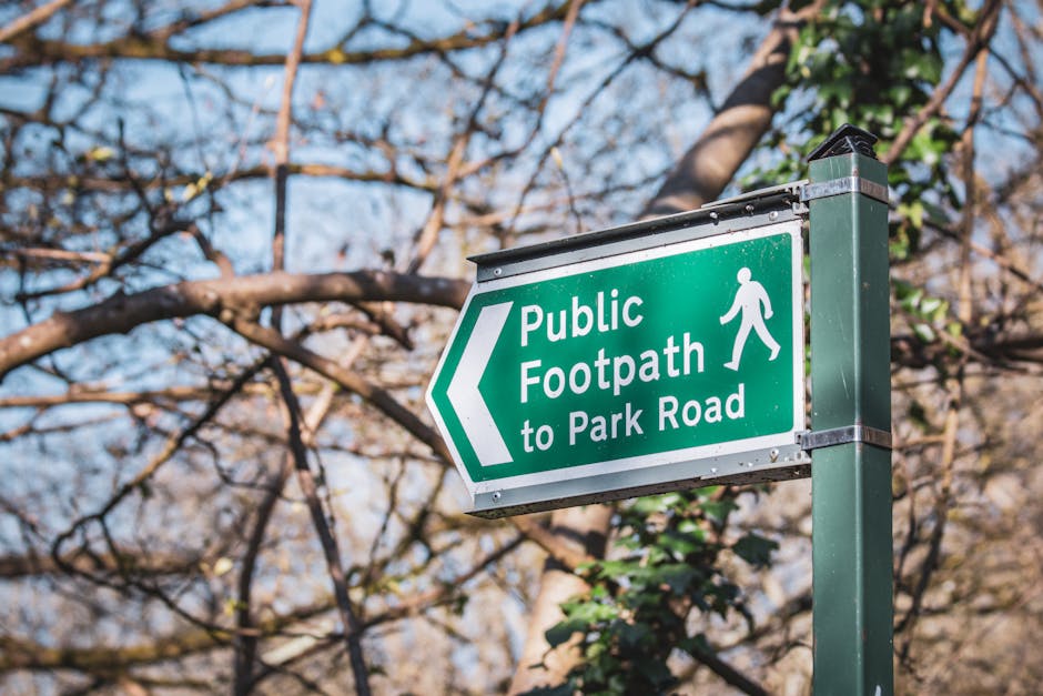 A green directional sign with white text and a pedestrian icon indicating the route to a public footpath leading to Park Road, mounted on a dark metal pole. Behind the sign, there are leafless tree br