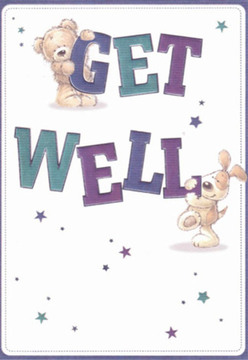 Evoking the gentle spirit of Elm Park, this get well card is painted with emotional warmth and playful affection, recalling the nurturing care behind every bouquet from a seasoned Elm Park florist. The central illustration features a softly rounded teddy bear, clutching the word 'GET' with tender resolve, while a cheerful puppy, ears delightfully askew, nestles up beside the bold 'WELL.' Their expressive faces are alive with hope and gentle encouragement, conveying the comforting embrace one feels when wandering through Elm Park's community spaces. Scattered across the crisp white background, twinkling stars in lively purples and deep teals suggest both magic and possibility, akin to the promise of a new bloom on a spring morning near Elm Park's leafy gardens. The thick, friendly letters of the message spring forth with vibrant energy, their rich indigo and aqua tones catching the eye with cheerful optimism. The artistry of the illustration, with its tactile brushstrokes, mimics the careful touch of a florist placing each bloom just-so-every detail intentional, every element meant to uplift. The overall scene exudes a sense of cleanliness and clarity, so vital when comfort is needed most, much like the serene environment of Elm Park itself. Sent with a bouquet or alone, this card becomes a tangible wish for healing, bundled with sincerity and a deep sense of community care.