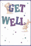 Bursting with cheerful optimism, this get well card feels like Elm Park's signature embrace-a source of warmth, comfort, and gentle joy. Two lovable characters-a teddy bear, honey-brown and irresistibly plush, and a playful puppy with velvety, floppy ears-appear to spring off the page, balancing and holding up the large, lively letters that spell out 'Get Well.' The text, rendered in vibrant indigo and teal, practically glows against a creamy soft background reminiscent of the light in an Elm Park florist's window. Twinkling star shapes in a spectrum of purples and soft blues scatter across the design, infusing the scene with an air of hopeful anticipation, as if each star were a wish from a neighbour along Elm Park Avenue. The illustrated fur of both friends looks invitingly tactile-you can almost imagine the soothing touch of a confiding hug. Every detail feels deliberate, conveying not only an uplifting message but also an emotional salve. Like a bouquet lovingly created for someone in need, this card offers more than sentiment-it delivers genuine comfort and heartfelt care, making it the perfect gesture for recovery and well-wishes within the Elm Park community.
